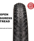 Close-up of Puncture Resistant Fat Bike Tire Set With 20x3.0, 20x4.0, 26x4.0 Sizes, 60 TPI, showing aggressive tread design.