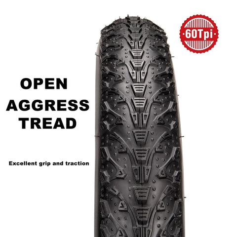 Close-up of Puncture Resistant Fat Bike Tire Set With 20x3.0, 20x4.0, 26x4.0 Sizes, 60 TPI, showing aggressive tread design.