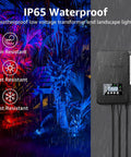 12 Pack RGBW Color Changing Outdoor Landscape Lights Kit With 300W Low Voltage Transformer shown in rain with IP65 rating