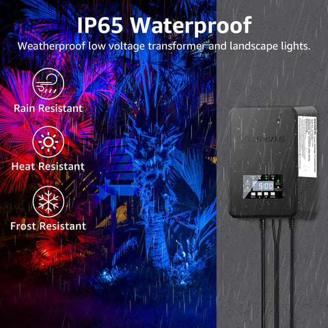12 Pack RGBW Color Changing Outdoor Landscape Lights Kit With 300W Low Voltage Transformer shown in rain with IP65 rating