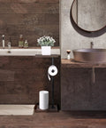 Dark Brown Toilet Paper Holder Stand For Bathroom, Sturdy Floor Or Counter Mount beside bathtub in modern rustic bathroom