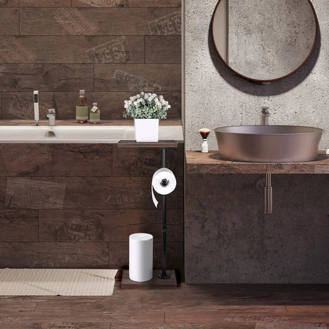 Dark Brown Toilet Paper Holder Stand For Bathroom, Sturdy Floor Or Counter Mount beside bathtub in modern rustic bathroom