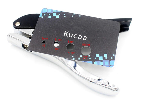 Heavy Duty All Metal Handheld 10mm Circle Hole Punch For ID Cards PVC Cards Bank Cards And Photos, shown with hole guide