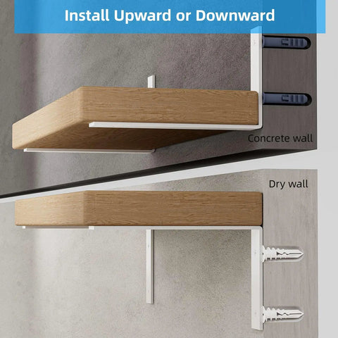 Heavy Duty Floating Shelf Brackets 10 Inch L Shape Metal Wall Mount Supports Smooth Matte White 160 Pound Capacity 6 Pack on concrete and drywall.