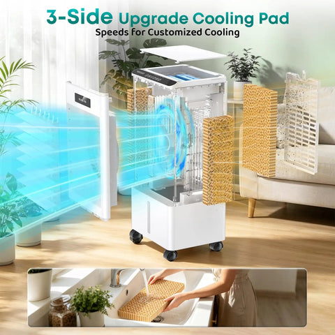 Beast Mode Cooling 8000 BTU Windowless Portable AC interior with 3-side cooling pads, air flow visual, and plant decor
