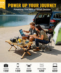 Couple using DeWALT 20V Battery Compatible 200W Power Inverter for Camping and Outdoors on campsite by lake.