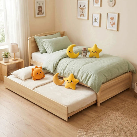 Solid Pine Twin Bed Frame With Pull Out Trundle, featuring plush toys and natural wood finish in a cozy room.