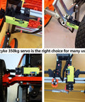 Front view of DOCYKE 550kg high-torque RC servo with lime-green full-metal gear housing mounted on an orange frame.
Side view of DOCYKE 550kg high-torque RC servo with lime-green housing attached to orange chassis rail.
Close-up of lime-green DOCYKE RC servo showing metal gear housing and black connector block.
Installed view of DOCYKE 550kg servo on an orange robotic frame with metal rails and wiring.