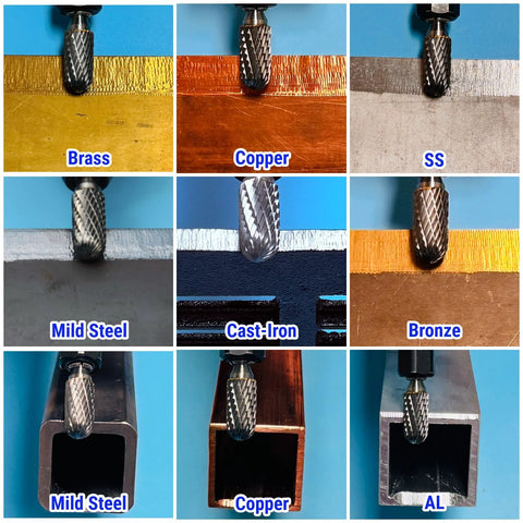 1/4 in carbide burr; collage showing grinding on brass, copper, steel, cast iron, bronze, aluminum.
