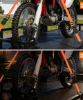 Rock Solid 15 Ft Ratchet Straps 4 Pack 1 Inch Wide securing motorcycle on trailer with bright orange straps in daylight and low-light conditions.