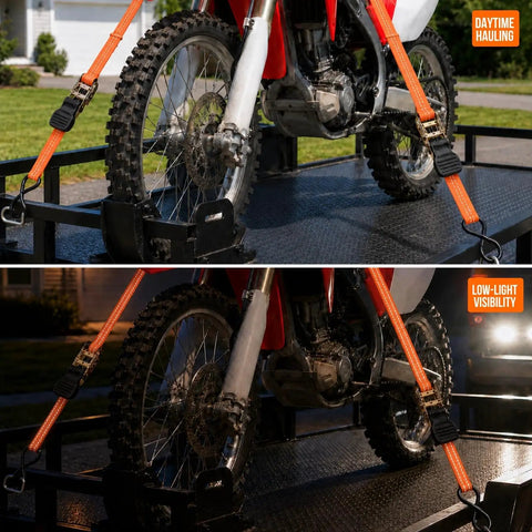 Rock Solid 15 Ft Ratchet Straps 4 Pack 1 Inch Wide securing motorcycle on trailer with bright orange straps in daylight and low-light conditions.