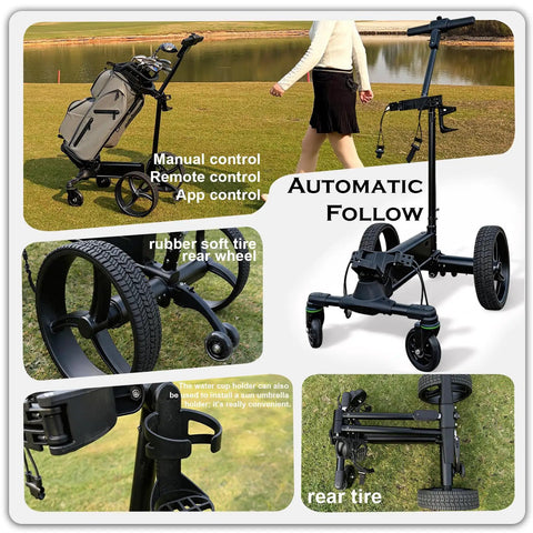 Built Tough Smart Follow Electric Golf Push Cart With Dual Radar Tracking And App Remote Control One Click Foldable Frame rain-ready with soft tires.