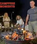 People using Heavy Duty Cast Iron Campfire Pie Maker Set For Camping Hobo Pie Iron for sandwiches and desserts over campfire.