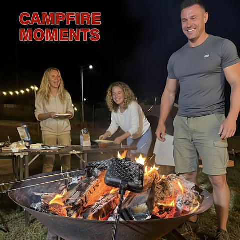 People using Heavy Duty Cast Iron Campfire Pie Maker Set For Camping Hobo Pie Iron for sandwiches and desserts over campfire.