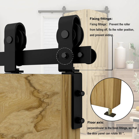 Close-up of black roller and fixing fittings on 36 Inch Bi Folding Sliding Barn Door Hardware Kit With Carbon Steel Rail And Two Rollers For Closet Doors Up To 30 Inch Opening Built Tough Heavy Duty Construction Ready For Easy Install And Smooth Operation And Durable Everyday Use installed on a wooden door.