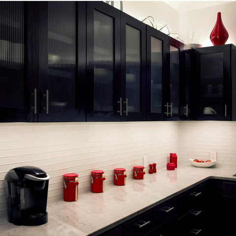 Modern kitchen with under-cabinet lighting highlighting 10 Inch Linkable LED Bright Strips, 6 Pack, 1650 Lumens, 2700K Warm White.