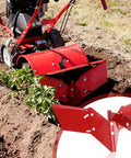 15683 Rear Tine Tiller Furrower Kit With Removable Adjustable Wings for Earthquake Rototillers forming garden furrows.