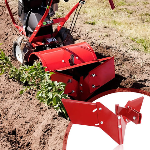 15683 Rear Tine Tiller Furrower Kit With Removable Adjustable Wings for Earthquake Rototillers forming garden furrows.
