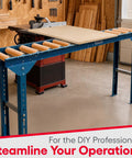 Heavy-Duty Gravity Conveyor With Poly-Coated 10 Inch Rollers, 12 Inch Width 5 Foot Length Galvanized Steel Table Saw Track System in workshop setting.