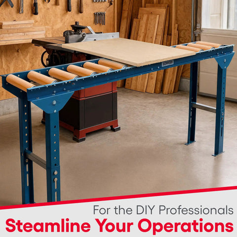 Heavy-Duty Gravity Conveyor With Poly-Coated 10 Inch Rollers, 12 Inch Width 5 Foot Length Galvanized Steel Table Saw Track System in workshop setting.