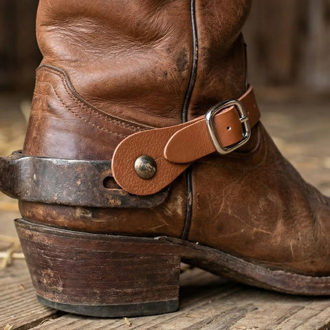 Two Piece Leather Spur Straps For Cowboy Boots on worn brown boot, Adjustable Western Boot Straps For Men And Women, Rustic Flair