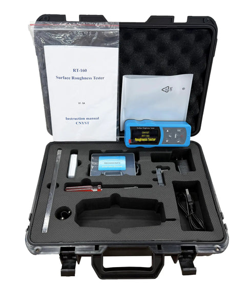 Handy Portable Surface Roughness Tester With Lifting Platform For Accurate Ra Rz Rq Rt Rp Rv R3z R3y RzJIS Rsk Rku Rsm Rmr Rx ISO DIN ANSI JIS Standards 128x64 OLED Display 100 Data Storage Handheld Or Desktop Measurement kit in case