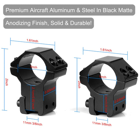 1 Inch Dovetail Scope Ring Set With Two High Profile And Two Medium Profile Rings For 11mm Rails, dimensions marked