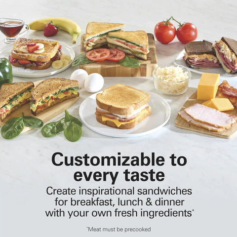 Hamilton Beach Sandwich Stacker Toaster Oven Grilling Machine For Homemade Hot Pizzas, Melts, Subs, And Quick Breakfast Or Dinner Favorites With Easy Nonstick Plates And Customizable Design showcasing customizable sandwich options.