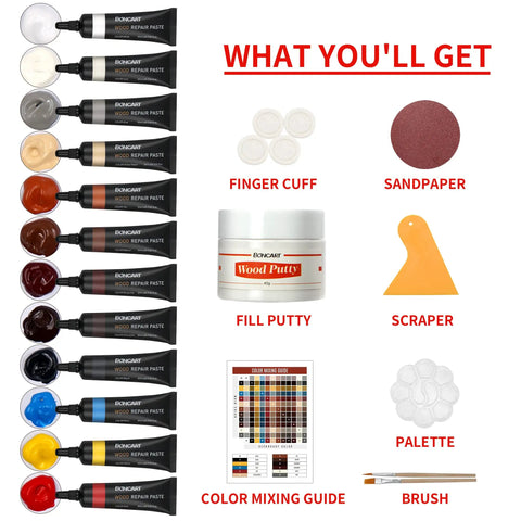 Wood Furniture Repair Kit With 12 Color Wood Filler Pastes For Fixin Scratches And Cracks On Doors Floors Tables And Cabinets Includes Putty Scrapers Sandpaper Brushes And Mixing Guide