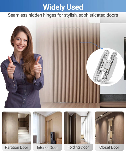 Invisible door hinge pair, 6-inch silver concealed hinges, 3-way adjustable with 180° swing