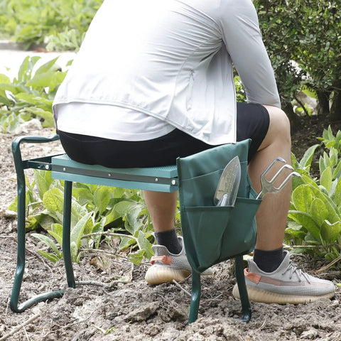 Heavy Duty Folding Garden Kneeler Seat Bench with thick kneeling pad and tool pouch, used for weeding with Power Cushion EVA foam pad