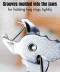 Close-up of Hog Ring Pliers Kit With 110 Three Quarter Inch Galvanized Rings showing grooved jaws for holding rings tightly.