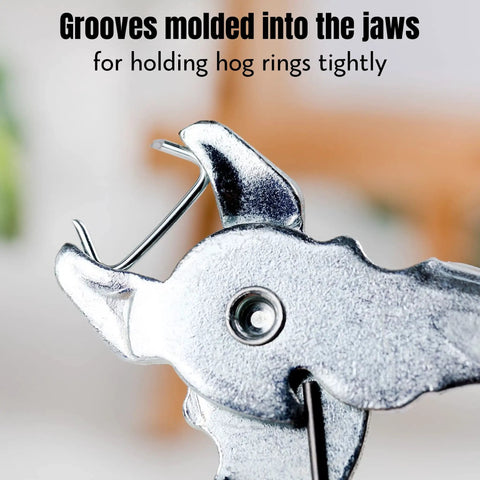 Close-up of Hog Ring Pliers Kit With 110 Three Quarter Inch Galvanized Rings showing grooved jaws for holding rings tightly.