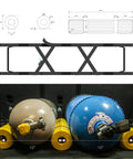 Diagram and photo of Two Tank Scuba Cylinder Rack With Carrying Handle For Secure Storage And Easy Haul Foam Tube Guards