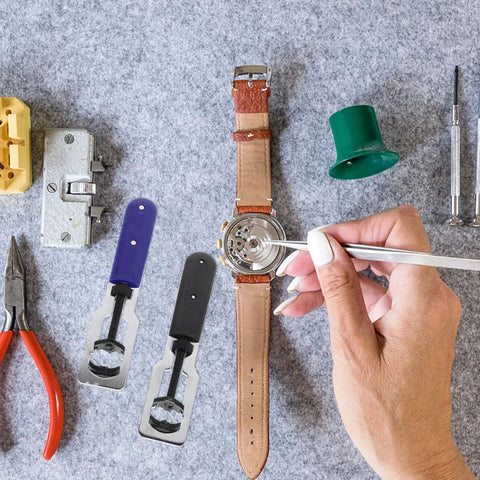 Using Must Have Dual Function Watch Case Opener And Spring Pin Tool Set on leather watch for back cover removal and pin exchange