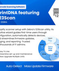 Promotional poster for barcode scanning software PrintDNA featuring 123Scan by Zebra, highlighting features and benefits.