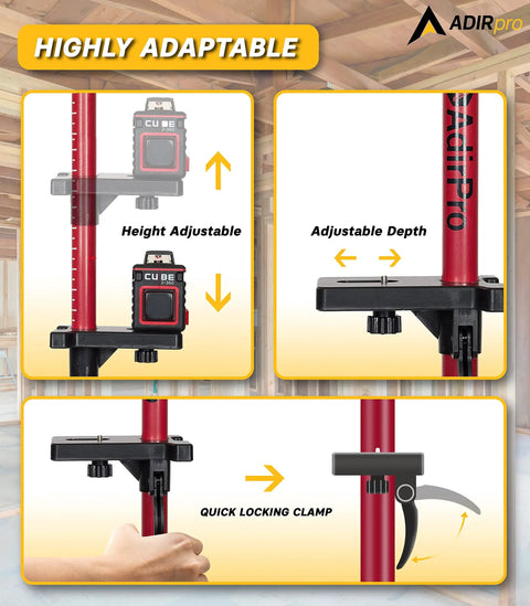 Pro Grade Laser Level Pole Kit With Tripod And Mount For Rotary And Line Lasers showing adjustable bracket and quick locking clamp