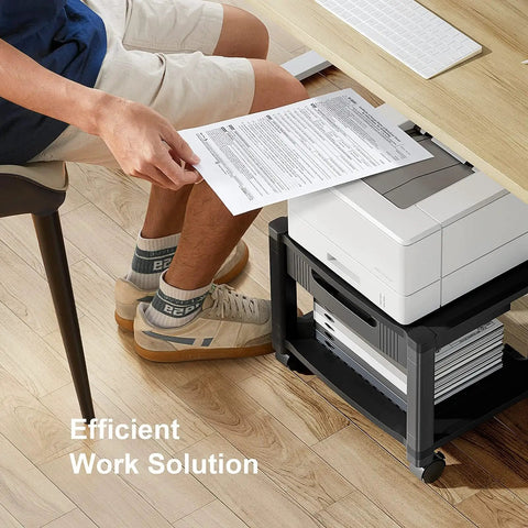 Printer Stand With Space Saving Cable Management And Storage Drawer, Rolling Printer Cart With Locking Wheels shown under desk with printer
