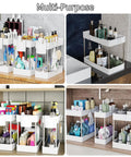 Super Slick 3 Pack Under Sink Organizer With Bonus Hanging Cups For Bathroom And Cabinet Storage organized with cleaning supplies.