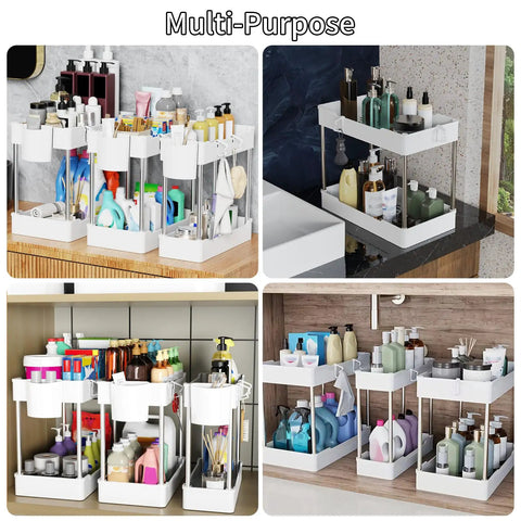 Super Slick 3 Pack Under Sink Organizer With Bonus Hanging Cups For Bathroom And Cabinet Storage organized with cleaning supplies.