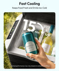 22Qt Portable Car Fridge And Freezer With Dual 12V Dc And 110V Ac Plugs showing drinks cooling inside with rapid cooling feature.