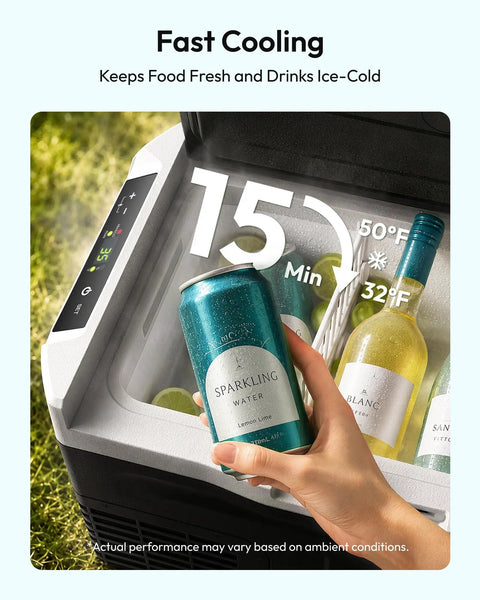 22Qt Portable Car Fridge And Freezer With Dual 12V Dc And 110V Ac Plugs showing drinks cooling inside with rapid cooling feature.