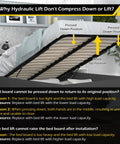 Hydraulic bed lift mechanism demonstrating pressed down and lifted up positions for mattress storage clarity.
