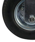Built Tough 8 Inch Pneumatic Caster Wheel With Rigid Plate And 220 Pound Load Capacity Featuring Precision Ball Bearing Hub close-up of wheel and bracket.