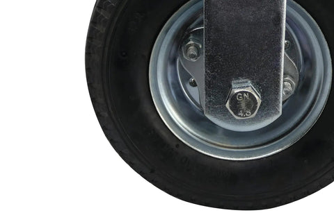Built Tough 8 Inch Pneumatic Caster Wheel With Rigid Plate And 220 Pound Load Capacity Featuring Precision Ball Bearing Hub close-up of wheel and bracket.