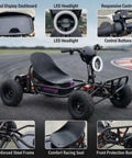 72V Electric Go Kart For Adults With QS Mid Motor 3kW Peak 25kW, showing digital dashboard, LED lights, and reinforced steel frame.