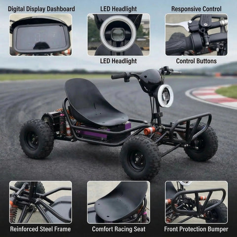 72V Electric Go Kart For Adults With QS Mid Motor 3kW Peak 25kW, showing digital dashboard, LED lights, and reinforced steel frame.