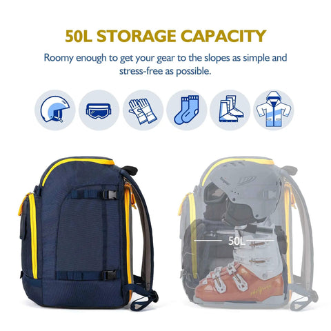 Ski Boot Bag 50L Travel Backpack For Boots Helmet Goggles Gloves Skis Snowboard Gear Blue, shown with 50L storage capacity.
