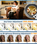 Pro Grade Floor Magnifying Lamp With Light And Stand 30x 12x Magnification Stepless Brightness Woman Knitting in Living Room