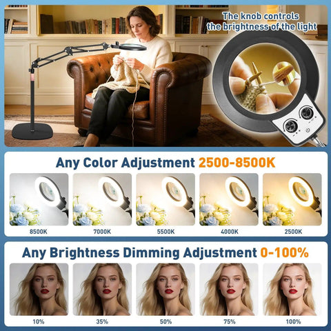 Pro Grade Floor Magnifying Lamp With Light And Stand 30x 12x Magnification Stepless Brightness Woman Knitting in Living Room